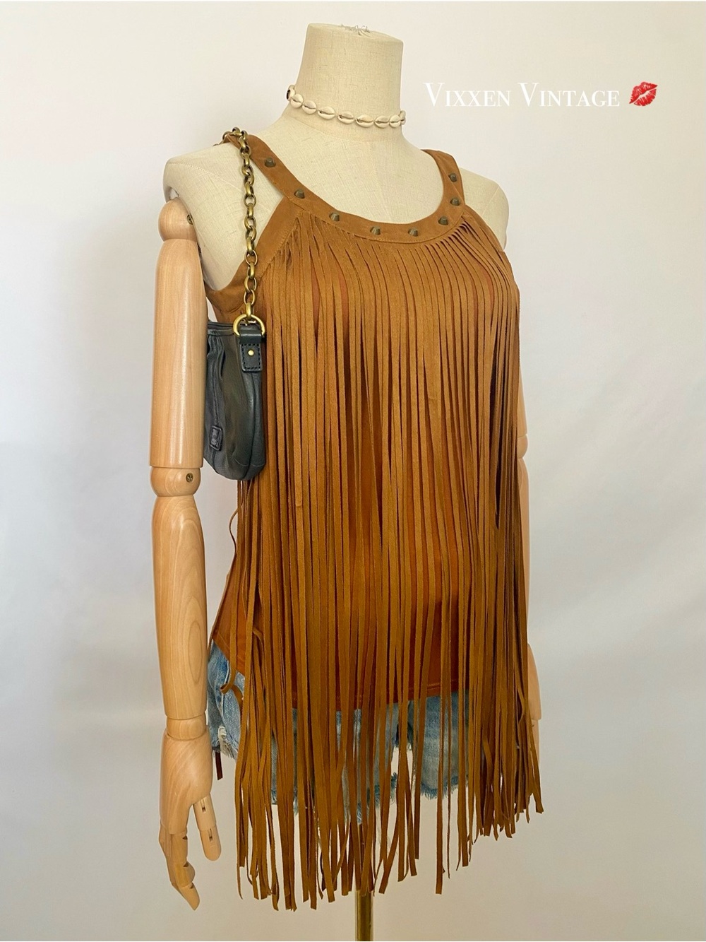 J. ROBERTS SLEEVELESS MICROSUEDE FRINGE TOP IN SADDLE BROWN